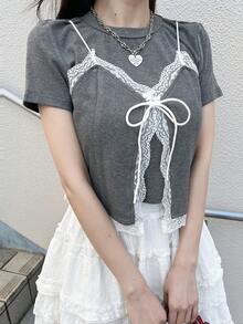 FRIFUL Women's Round Neck Fitted Lace Patchwork Bow Tie Decor Contrast Color Sweet T-Shirt - Grey - View 2