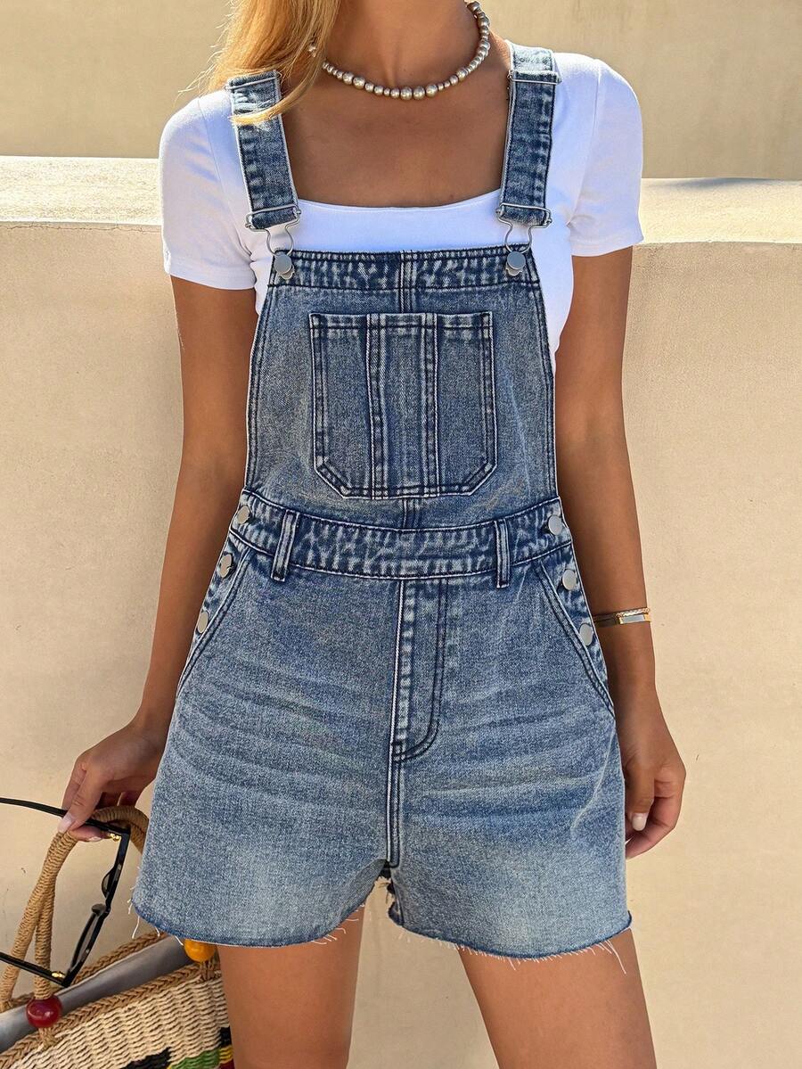 DAZY Women's Solid Color Casual Cotton Denim Bib Pants, Suitable For Holiday Wear In Summer - Blue - View 1