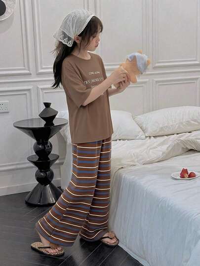 DAZY Tween Girl Letter Print Round Neck Short Sleeve Top And Striped Print Pants Pajama Set