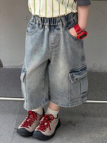 DAZY Young Boy Elastic Waist Slant Pocket Casual Loose Denim Shorts - Blue - View 6