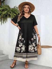 SHEIN CURVE+ Curve 尺码 US22 音乐节、海滨度假、波西米亚风女士印花休闲简约V领短袖长连衣裙，适合春夏穿着 - 黑色 - 查看 6