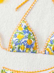 Swim Mod 2pcs Women's Bikini Set + Beach Outfit, Swimsuit For Beach, Pool Party, Spring/Summer, Sweet Vacation Mature Fashionable Retro Romantic Elegant Halter Lemon Random Print Pattern, Bohemian Beach Club Style - Yellow - View 5