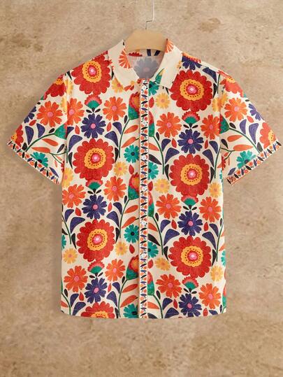 HIMLAND Men's Casual Floral Print Button-Front Short Sleeve Shirt Floral Print Casual  Breathable Summer Beach Shirt For Casual Vacation Mexican Floral Shirt Men Colorful Button Up Shirt Men Flower Shirt Men Floral Shirt Colorful Men Button Up Floral Hawaiian Shirt Summer Shirt For Men