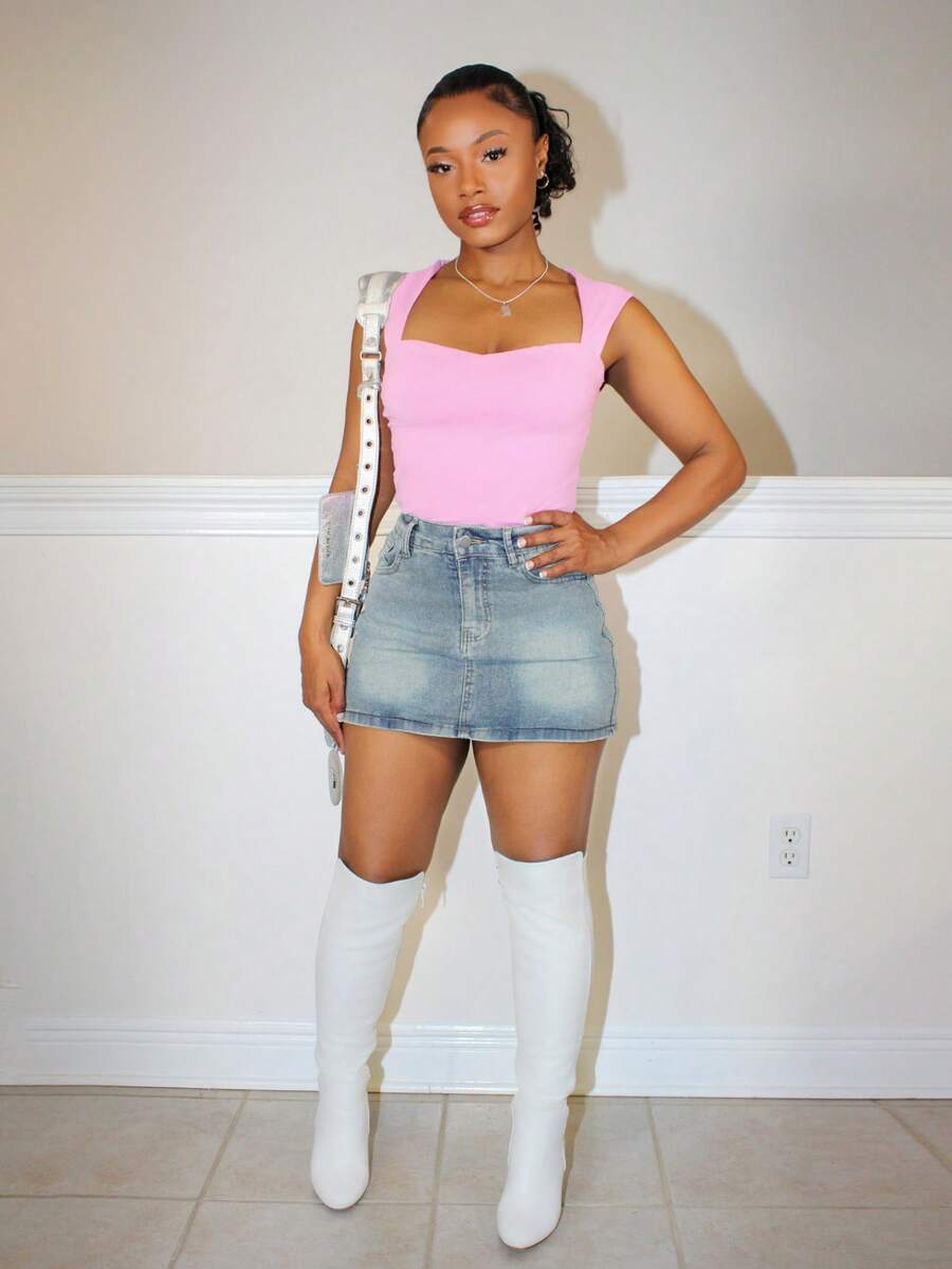 Steph T 雞心領口素色背心上衣 - 粉色 - 查看 1