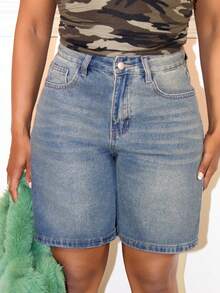 Steph T Kvinnors Blå tvättade Denimshorts - Mediumtvätt - Visa 4
