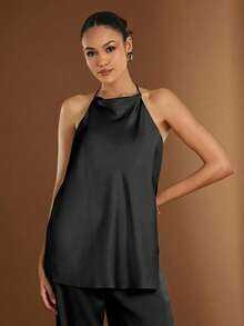 Hauture Top sin mangas de cuello halter y espalda descubierta con textura martillada y unicolor - Negro - Ver 2
