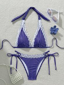 Swim Mod Conjunto de bikini con estampado de cuadros azules y encaje, traje de baño para playa y piscina en verano - Azul - Ver 8
