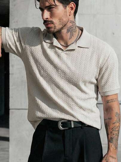 HIMLAND Men's Contrast Color Block Collar Half-Placket Short Sleeve Casual Shirt, Summer For Husband Boyfriend Gift Simple Fashion Commuting Short Sleeve T-Shirt   Casual Solid Color Short Sleeve Polo Shirt, Men's Johnny Collar Textured Polo, Waffle Knit Short Sleeve Shirt, Casual Solid Color Buttonless Polo, Men's Summer Knit Pullover, Men's Short Sleeve Polo Shirt Casual Solid Color Textured Waffle Knit Johnny Collar Pullover Summer Tee , Old Money