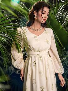 Modelyn 女士优雅刺绣雪纺连衣裙，轻盈梭织面料，春夏款 - 杏色 - 查看 6