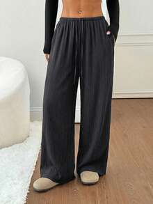 SHEIN PETITE 女士黑色纯色亚麻低腰直筒休闲裤，适合娇小身材，夏秋季穿着 - 深灰色 - 查看 4