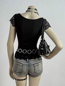 EgrlEra Áo thun nữ cổ chữ V phối ren kiểu Y2K gợi cảm dành cho nữ - màu đen - Xem 2