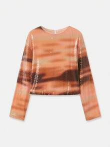 lacRébo Pink And Brown Gradient Sequin Cropped Sweater With Long Sleeves, Chic Fall-Winter Party Top Shiny Top Premium Sparky Top  New Year Party Outfits - Orange - View 9