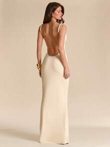 SHEIN BAE 杏色露背无袖修身连衣裙，针织连衣裙，优雅女士长裙，适合度假、海滩、郊游、春夏穿着 - 杏色 - 查看 7