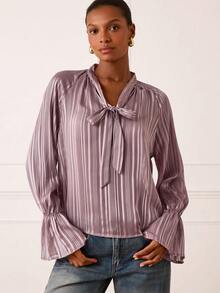 Lilora Women's Tie Collar Pleated Casual Versatile Daily Wear Long Sleeve Shirt - Dusty Pink - View 8