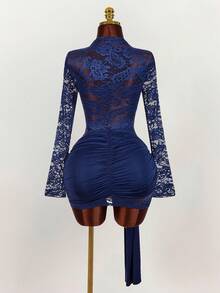 YkhahaAmplova Blusa de encaje para mujer con vestido mini ajustado de tul rojo vintage con cordón en el bajo, estilo bohemio para fiestaYkhaha - Azul marino - Ver 3