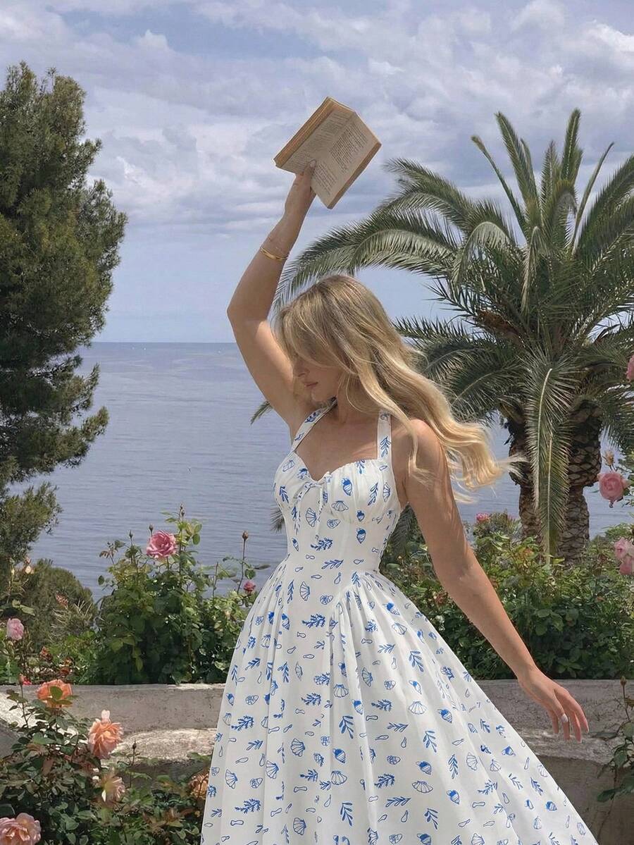 SHEIN MOD 女士度假贝壳印花收腰优雅吊带连衣裙 - 藍白色 - 查看 1