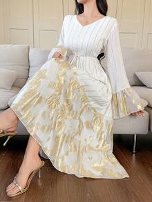 DAZY Women's Elegant Floral & Striped Patchwork V-Neck Flare Sleeve Mid-Length Dress, Spring/Summer Wedding Guest Dress Sundress - White - View 5
