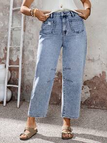 EMERY ROSE 女士休闲时尚街头风日常通勤拼接口袋水洗直筒牛仔裤 - 藍色 - 查看 5