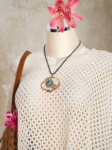 SHEIN ICON 大码性感薄纱沙滩罩衫，米色水溶蕾丝边钩编薄纱罩衫（女士款） - 米色 - 查看 7