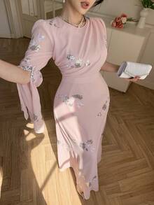 DAZY 女士优雅亮片花卉褶皱系腰中长连衣裙，春夏婚礼宾客礼服，女士长款连衣裙 - 粉色 - 查看 7