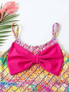 SHEIN Young Girls Mermaid Print Bow Cute Swimsuit, Sports, Beach, Vacation, Swimming, Casual & Fun - Purple - View 5
