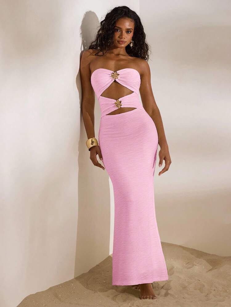 Opulessa Solid Color Knit Fitted Strapless Hollow Out Fishtail