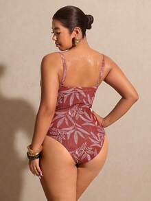 Elaquor Plus Size Summer Vacation Beach Plant Print Deep V-Neck Backless One-Piece Swimsuit - Multicolor - View 2