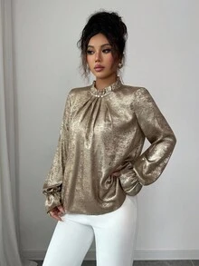 Elenzga 女士优雅通勤金色花朵蕾丝圆领荷叶边珍珠纽扣装饰喇叭袖长袖修身衬衫，春秋 - 金色 - 查看 4