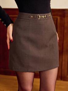 Vintamour 复古优雅女士金属扣迷你裙，休闲度假夏季春假情人节女士情人节休闲装夏季假期外出 - 咖啡棕 - 查看 4