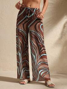 Swim Chiccia 女士新款斑马纹低腰阔腿沙滩罩裤，优雅百搭，适合泳池派对、度假、波西米亚风沙滩、乡村音乐节、西部牛仔风，以及夏季海滩假日。 - 咖啡棕 - 查看 1