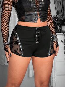Whyspr Plus Size Women's Black Mesh Patchwork Cinched Waist Fitted Punk Style Goth Shorts,Summer Night Bling Rhinestone Lace Up Shorts - Black - View 3