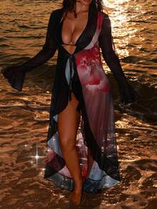 Swim SXY Women's Long Black Red Floral Print Sheer Kimono Cover-Up,Summer Boho Beach Vacation Holiday Ruffled Deep V-Neck Swimwear Swimsuit Cover Up Dress - Multicolor - View 5
