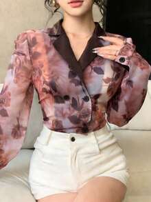 DAZY Women's Elegant Commuter Floral Print Double-Breasted Shirt - Pink - View 3