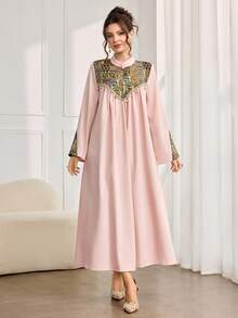Al Najma New Arrival Modest Jacquard Arabic Style Dress For Women - Baby Pink - View 2