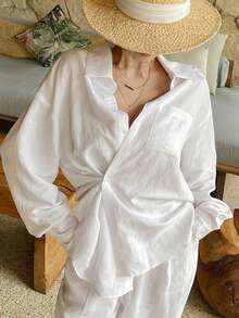 DAZY Relaxed Loose Long Sleeve Shirt And Wide Leg Pants 2 Pieces Set For Women - White - View 3