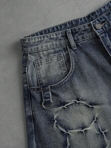 ROMWE MEN Street Life Men's Embroidered Pattern Relaxed Fit Jeans - Dark Wash - View 5