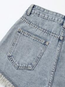 SHEIN Essnce Quần short denim nữ kiểu dáng thường ngày, có túi và gấu quần rách, đa năng cho trang phục hàng ngày. - Rửa nhẹ - Xem 3