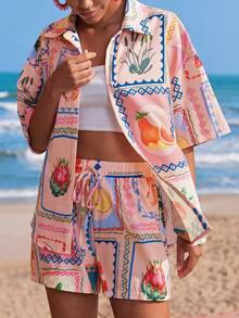 Travachic 2026 New Tropical Fruit Print Shirt And Shorts 2 Pieces Set, Women Summer Vacation Casual - Multicolor - View 6