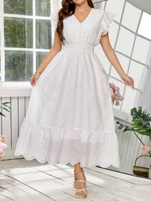 Reflora 大码女式刺绣荷叶袖收腰连衣裙 - 白色 - 查看 3