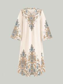 SHEIN Áo Jalabiya họa tiết hoa hình học thanh lịch cho bé gái Hồi giáo, váy tối giản thường ngày cho bé gái tuổi teen phù hợp cho mùa xuân và mùa hè, áo Abaya cầu nguyện, thoải mái dễ chịu, trang phục thường ngày, phong cách nghỉ dưỡng, áo Kaftan kín đáo, Jalabiya, quà tặng Hồi giáo, thoải mái dễ chịu, phong cách nghỉ dưỡng, trang phục mùa xuân và mùa hè cho bé gái - Nhiều màu - Xem 6