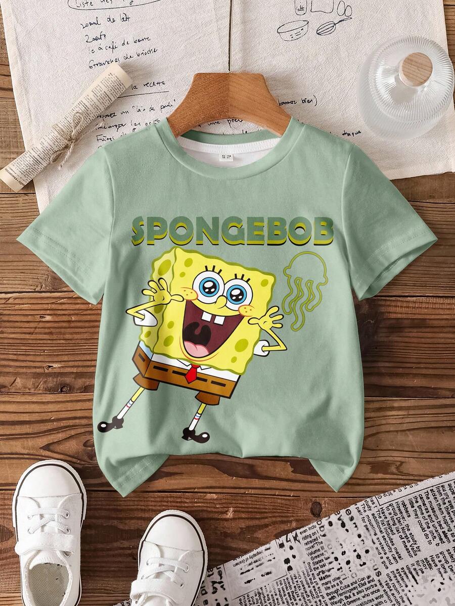 SpongeBob SquarePants | SHEIN Camiseta de manga corta informal con estampado de letras de dibujos animados para niño, verano - Blanco - Ver 1
