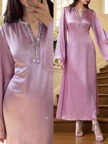 Al Najma Đầm maxi Thổ Nhĩ Kỳ dành cho nữ và áo abaya truyền thống Ả Rập. - Hồng - Xem 8