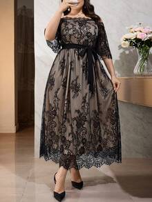 Modelyn Robe de soirée décontractée pour femmes grandes tailles avec design de taille à lacets et épaules dénudées en dentelle - Multicolore - Voir 8