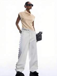 LYSMO Top minimalist nou de primăvară/vară pentru femei, cu guler înalt, model Houndstooth, cu tiv asimetric din dantelă, Ziua Îndrăgostiților - Galben - Vizualizare 4