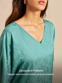 LUVLETTE Women's Breathable Teal Satin Sleep Dress Loose-Fit Midi Dress With Fringe Trim Lightweight Nightwear Gown Pyjama - Green - View 5