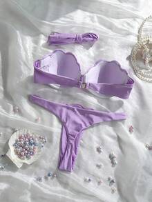 Swim Mod 花瓣拼接硬杯可拆卸肩带纯色性感两件式泳衣 - 紫色 - 查看 2