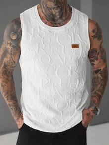 SLATEMANN 男士夏季字母压花圆领休闲百搭背心 男士白色图案背心 男士图案背心 - 白色 - 查看 4