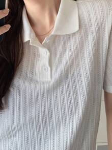 FRIFUL Women's Loose Fit Polo Collar Ribbed Short Sleeve Solid Color T-Shirt - White - View 2