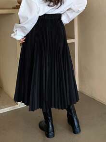 DAZY Tween Girl Solid Color Pleated A-Line Skirt For Back To School, Autumn - Black - View 2