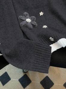 SHEIN Tall CURVE Eleganter Strickjacke in Kontrastfarbe mit Blumenmuster und langen Ärmeln, Große Größen - Dunkelgrau - Übersicht 3